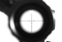 Close-up view of a rifle scope's crosshair