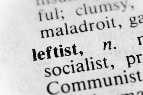 Close-up of a dictionary entry for the word 'leftist'
