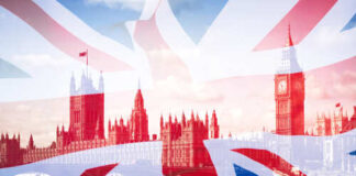London skyline featuring Big Ben and the Houses of Parliament overlaid with the British flag