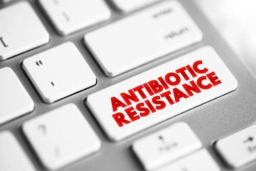 Close-up of a keyboard key labeled 'ANTIBIOTIC RESISTANCE' in bold red letters