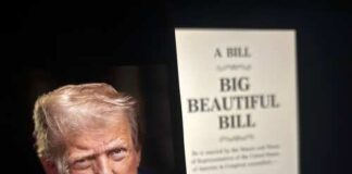 A political figure with a serious expression next to a document titled 'A Bill: Big Beautiful Bill'