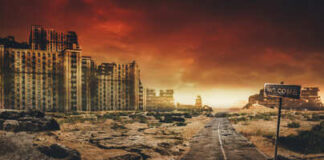 A desolate landscape featuring an abandoned building under a dramatic sky