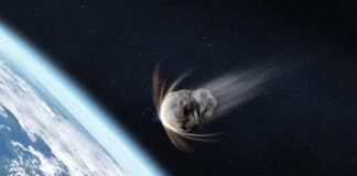 An asteroid entering Earth's atmosphere with a trail of light