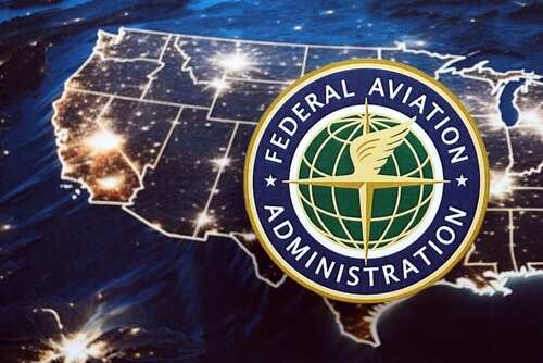 shutterstock_2520057637.jpg Federal Aviation Administration logo over a map of the United States