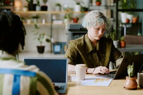 shutterstock_2497380249.jpg Two young professionals working in a modern workspace with laptops