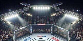 UFC octagon surrounded by a crowd in a sports arena