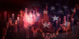 Abstract representation of stock market trends with an overlay of a historical figure and an American flag