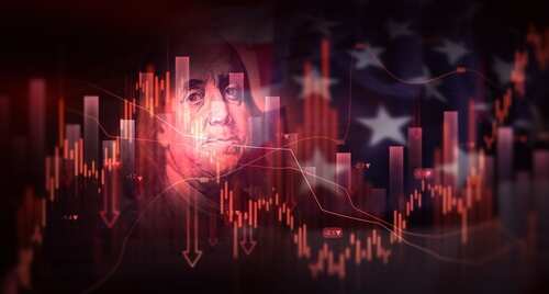 Abstract representation of stock market trends with an overlay of a historical figure and an American flag