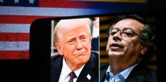 Side-by-side images of two political figures with a flag background