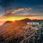 Hollywood sign with sun setting in the background