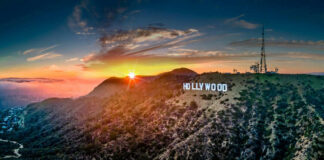 Hollywood sign with sun setting in the background