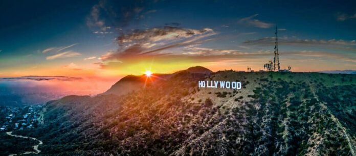 Hollywood sign with sun setting in the background