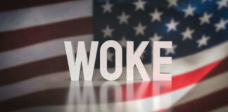 WOKE text over blurred American flag background.