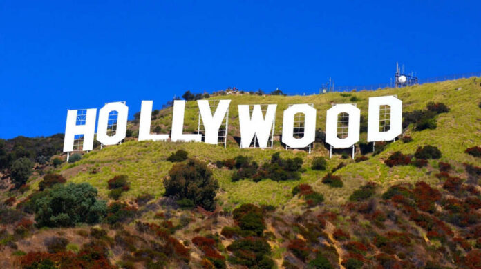 Hollywood sign on hillside with clear blue sky