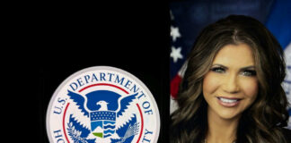 US Department of Homeland Security logo beside smiling woman
