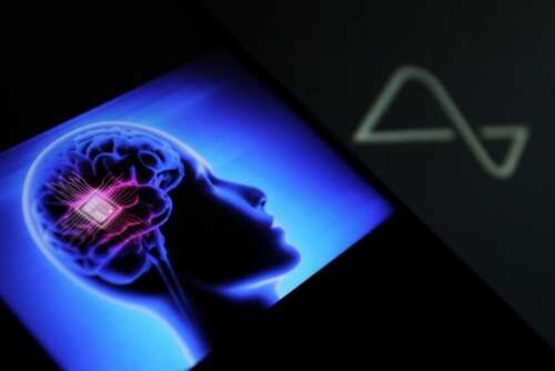 Illustration of a human brain with a microchip overlay against a blue background