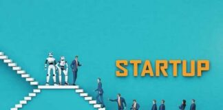 Business professionals and robots on stairs with 'STARTUP' text