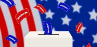 A ballot box with voting slips labeled 'Republican' and 'Democrat' against a backdrop of the American flag