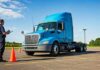 A truck driver being evaluated during a vehicle inspection
