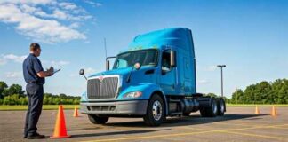 A truck driver being evaluated during a vehicle inspection