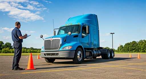 A truck driver being evaluated during a vehicle inspection