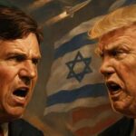 Trump vs. Carlson: Implosion Looms Two men engaged in a heated political debate with national flags in the background