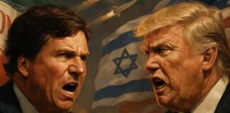 Two men engaged in a heated political debate with national flags in the background