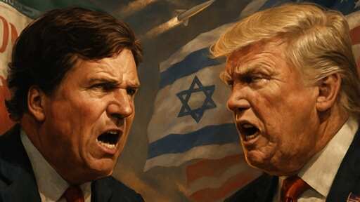 Two men engaged in a heated political debate with national flags in the background