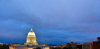 Wisconsin State Capitol building illuminated at night