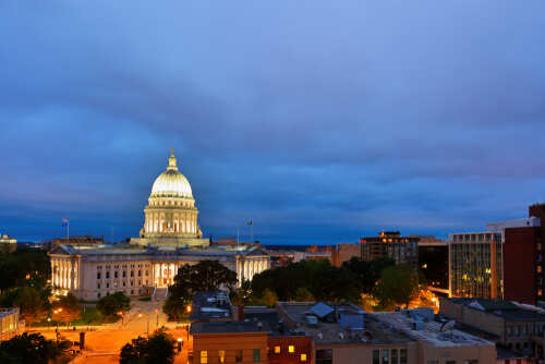 Wisconsin State Capitol building illuminated at night