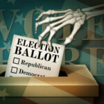 A skeleton hand placing an election ballot into a ballot box