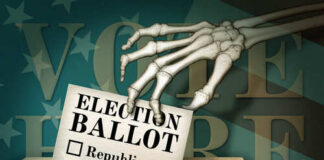 A skeleton hand placing an election ballot into a ballot box