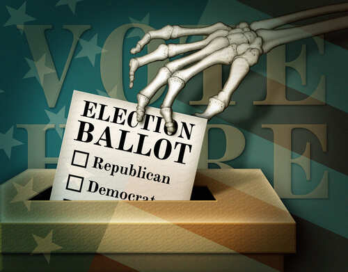 A skeleton hand placing an election ballot into a ballot box
