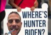 A protest sign asking 'WHERE'S HUNTER BIDEN' with a large photo of a man