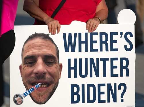 shutterstock_2352074801.jpg A protest sign asking 'WHERE'S HUNTER BIDEN' with a large photo of a man