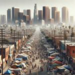 A bustling street market with tents and a city skyline in the background