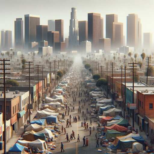 A bustling street market with tents and a city skyline in the background