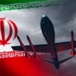 Silhouette of a military drone flying over the Iranian flag