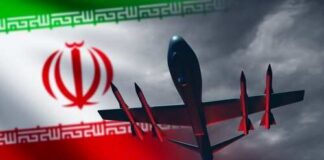 Silhouette of a military drone flying over the Iranian flag
