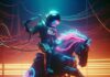 An astronaut riding a neon-lit horse in a futuristic setting