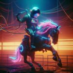 An astronaut riding a neon-lit horse in a futuristic setting
