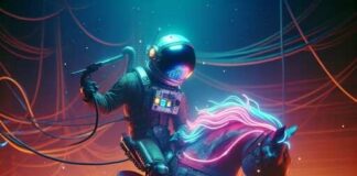 An astronaut riding a neon-lit horse in a futuristic setting