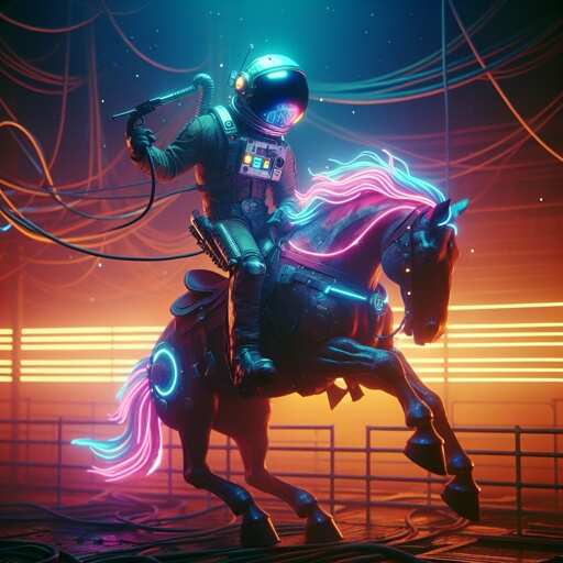 An astronaut riding a neon-lit horse in a futuristic setting