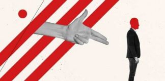 A silhouette of a man with a hand gesture in an abstract composition