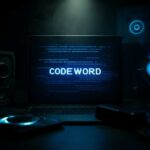 A laptop displaying the word 'CODEWORD' in blue digital text against a dark background