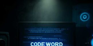 A laptop displaying the word 'CODEWORD' in blue digital text against a dark background