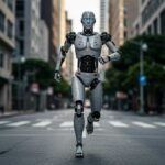 A humanoid robot walking down a city street