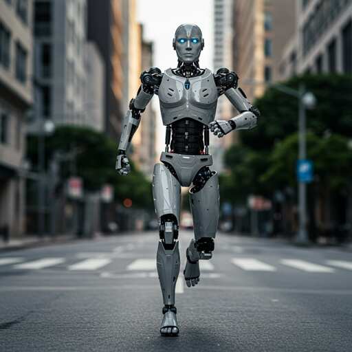 A humanoid robot walking down a city street