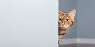 A Bengal cat peeking around a corner in a room