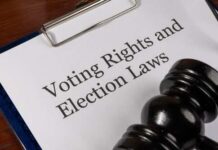 A clipboard with a document titled 'Voting Rights and Election Laws' next to a gavel